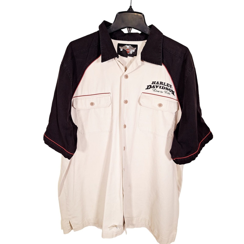 Harley-Davidson Men's Button-Up Shirt Short-Sleeved Emblem Black/White XL - Picture 3 of 7